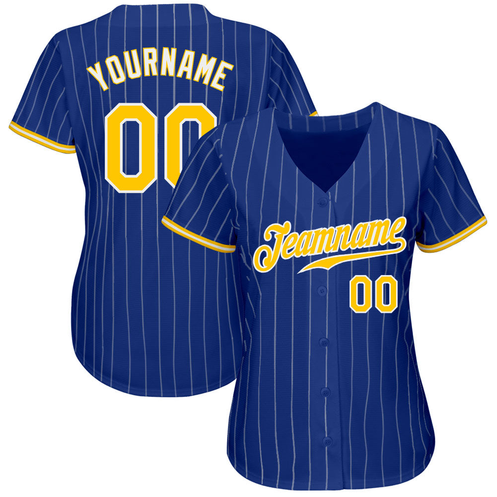 Custom Royal White Pinstripe Gold-White Authentic Baseball Jersey view 3