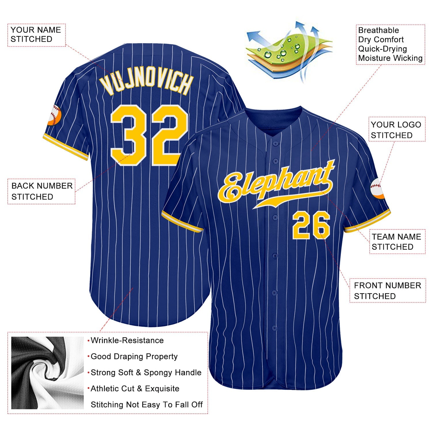 Custom Royal White Pinstripe Gold-White Authentic Baseball Jersey view 4