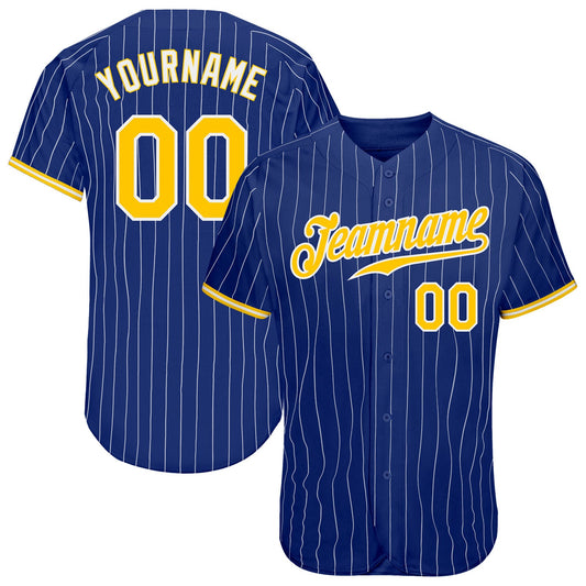 Custom Royal White Pinstripe Gold-White Authentic Baseball Jersey - Main View