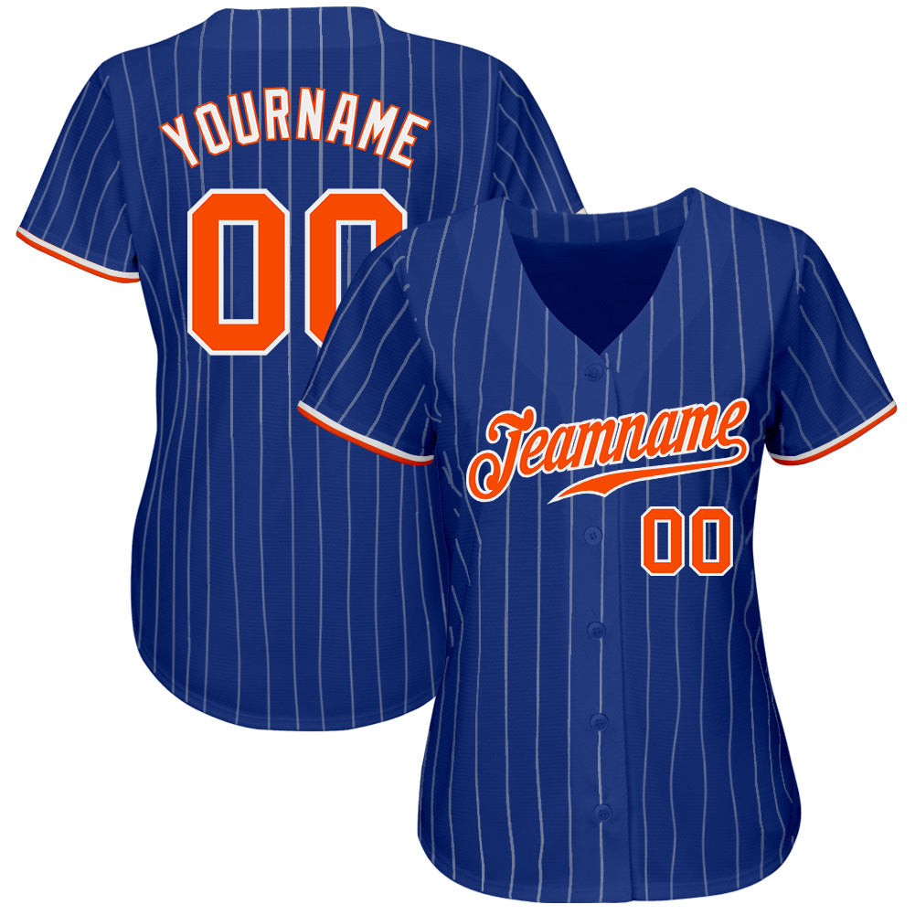 Custom Royal White Pinstripe Orange-White Authentic Baseball Jersey view 2