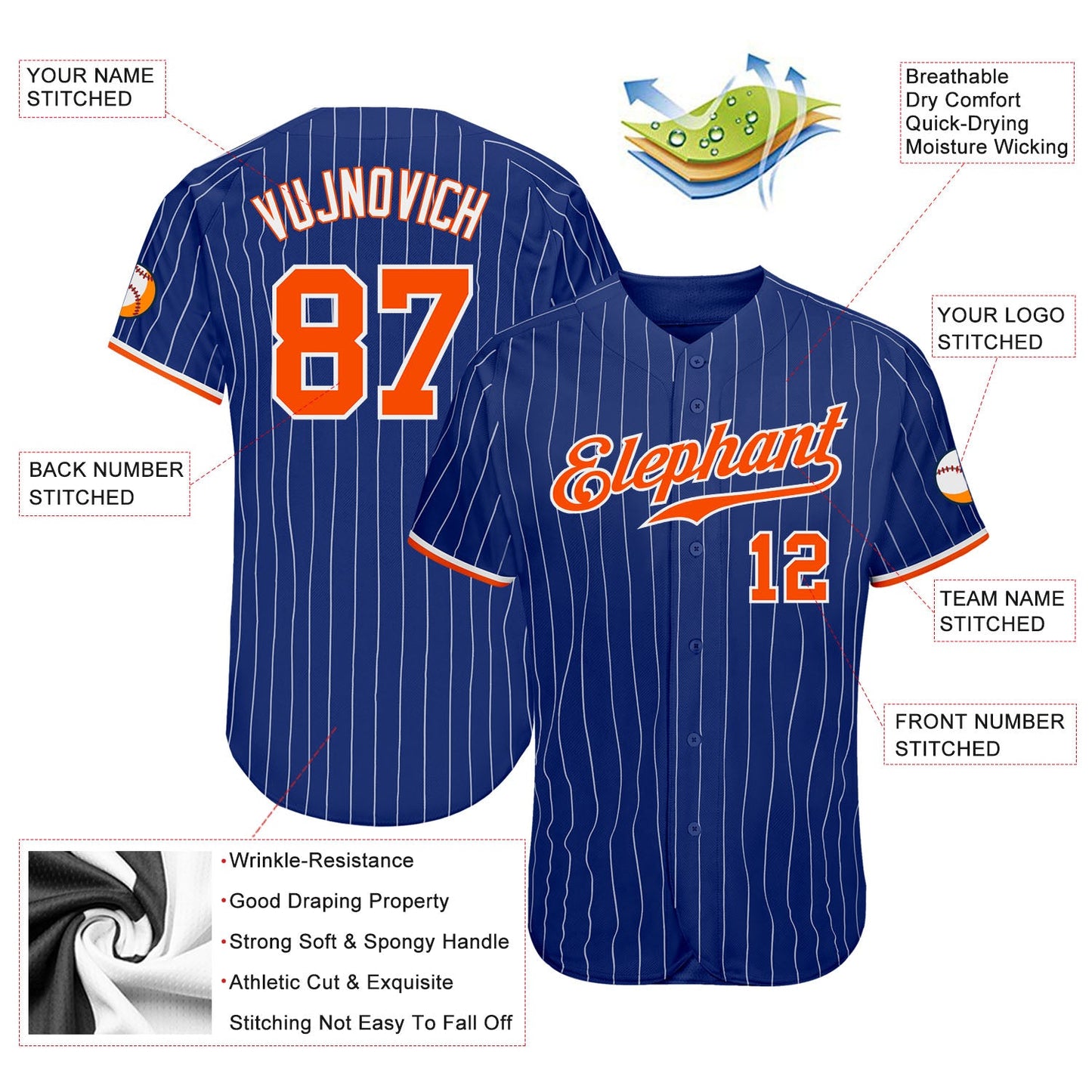 Custom Royal White Pinstripe Orange-White Authentic Baseball Jersey view 3