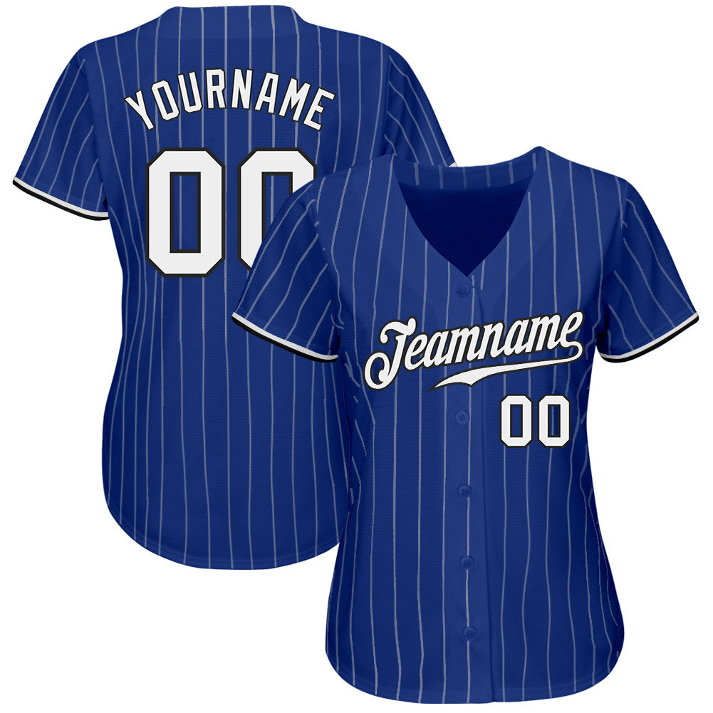 Custom Royal White Pinstripe White-Black Authentic Baseball Jersey view 2