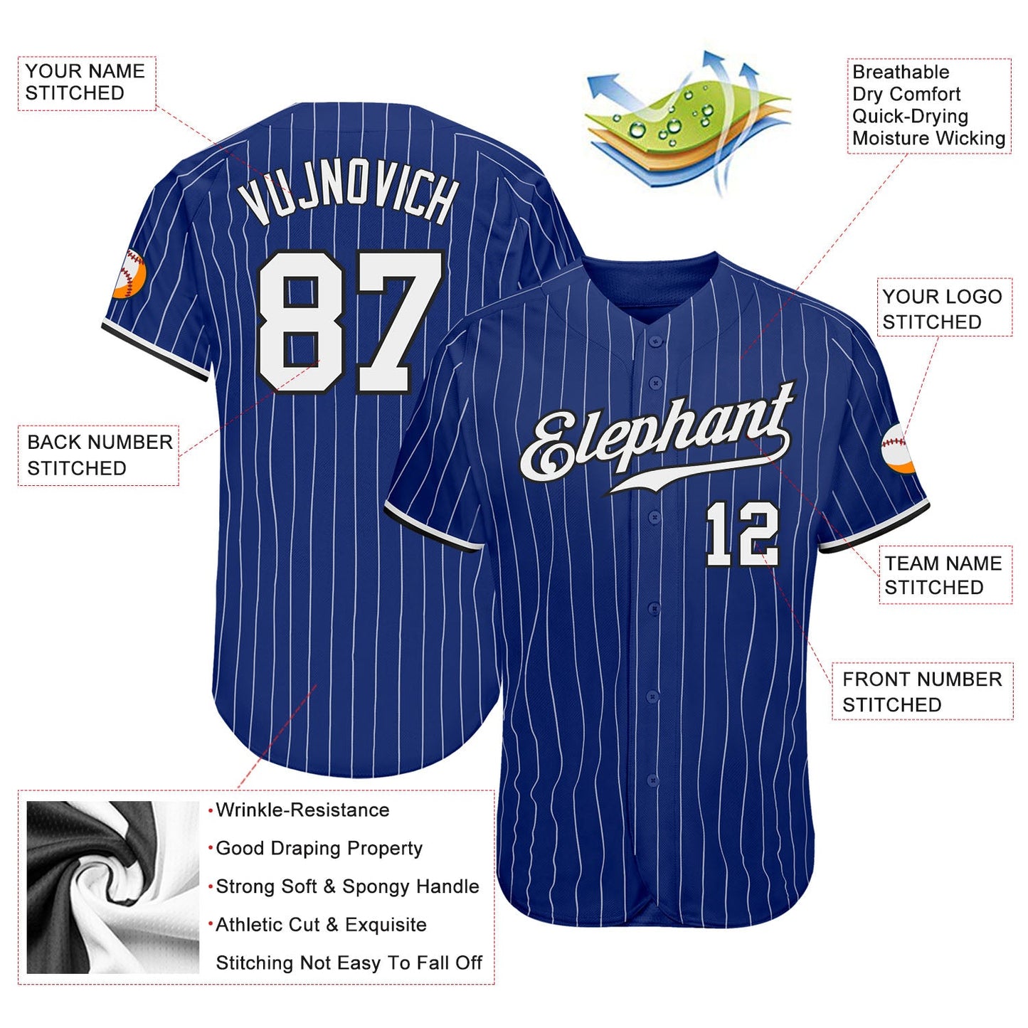 Custom Royal White Pinstripe White-Black Authentic Baseball Jersey view 3