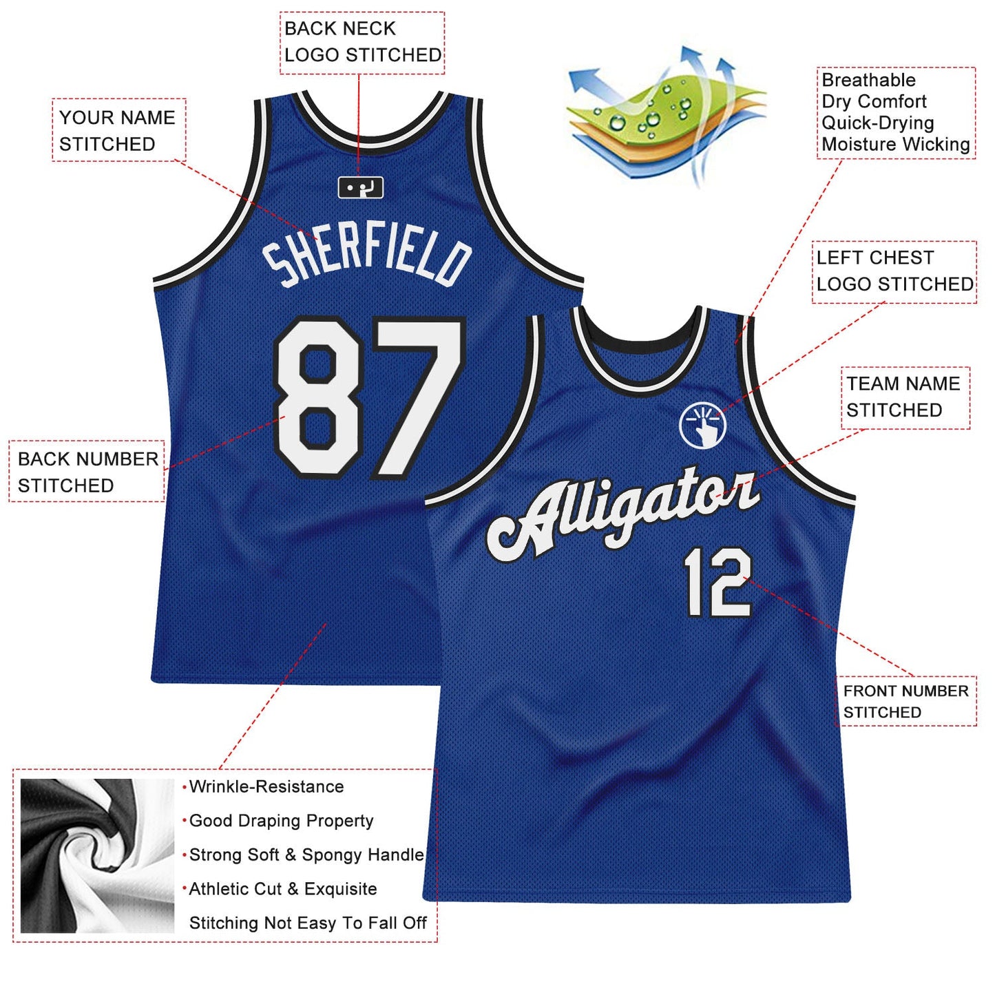 Custom Royal White-Black Authentic Throwback Basketball Jersey view 2