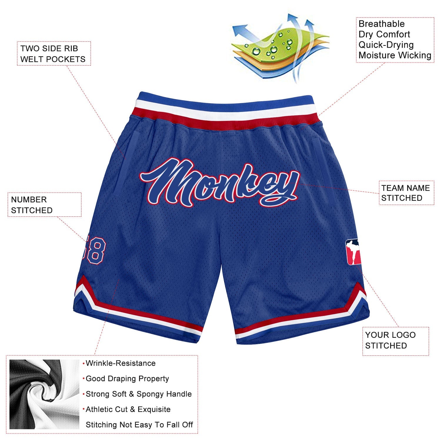 Custom Royal Royal-Red Authentic Throwback Basketball Shorts view 2