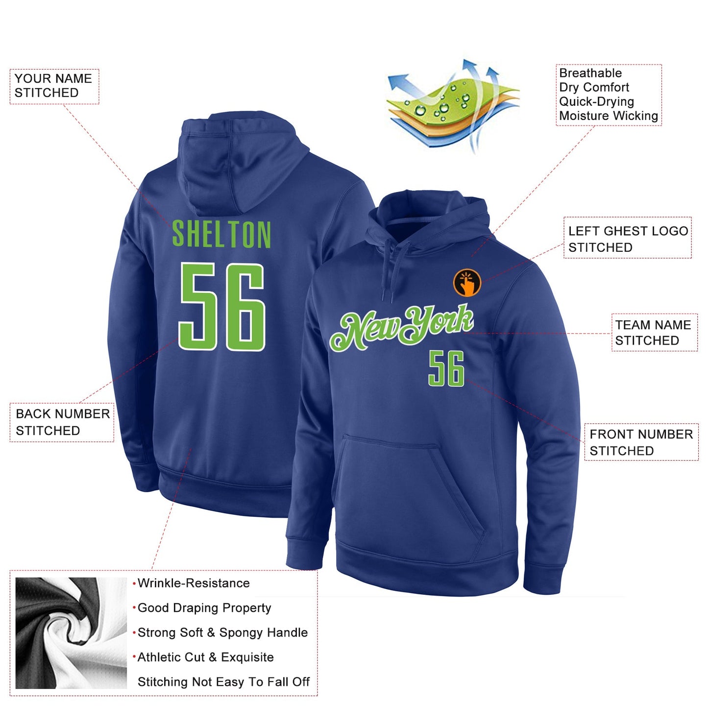 Custom Stitched Royal Neon Green-White Sports Pullover Sweatshirt Hoodie view 4