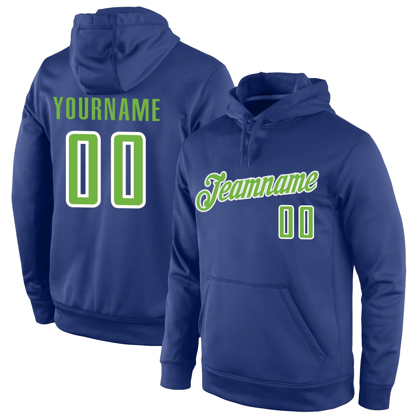 Custom Stitched Royal Neon Green-White Sports Pullover Sweatshirt Hoodie - Main View