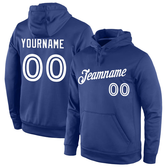 Custom Stitched Royal White Sports Pullover Sweatshirt Hoodie - Main View