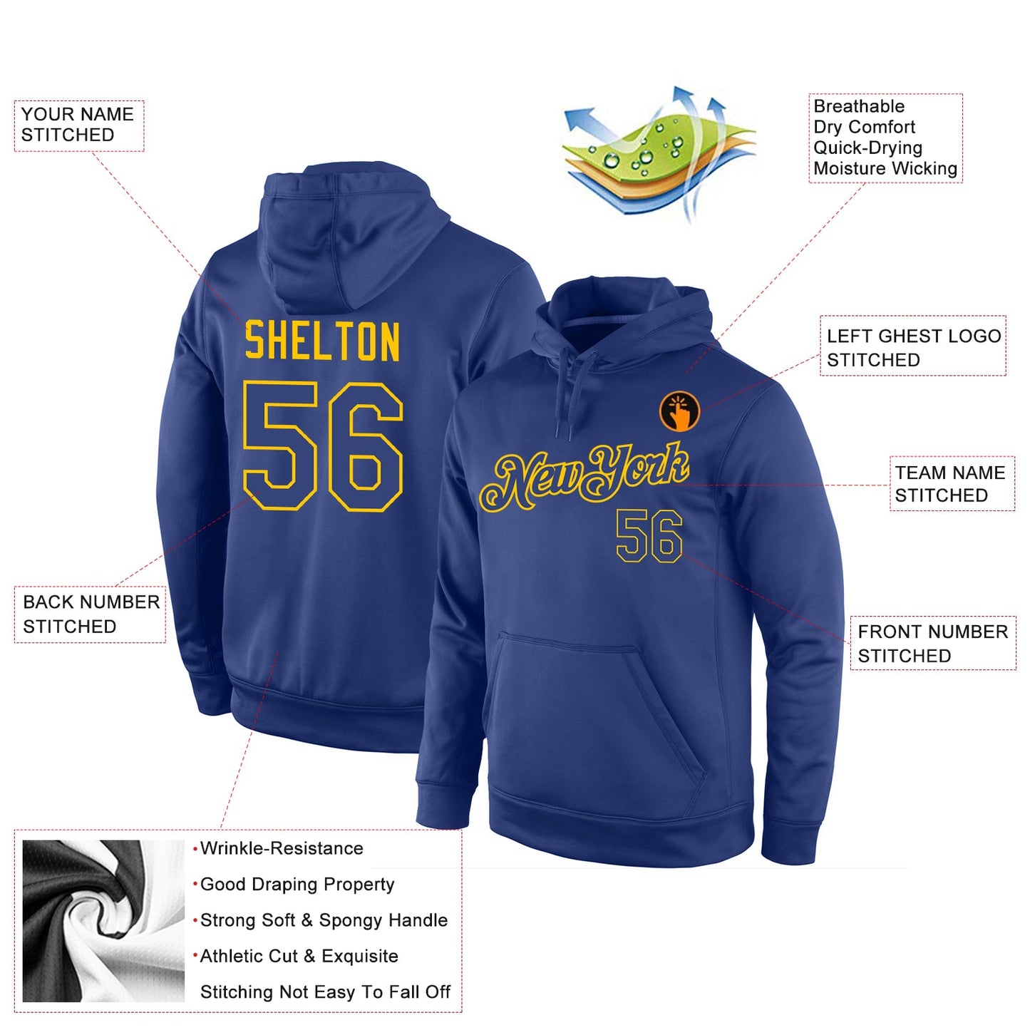 Custom Stitched Royal Royal-Gold Sports Pullover Sweatshirt Hoodie view 4