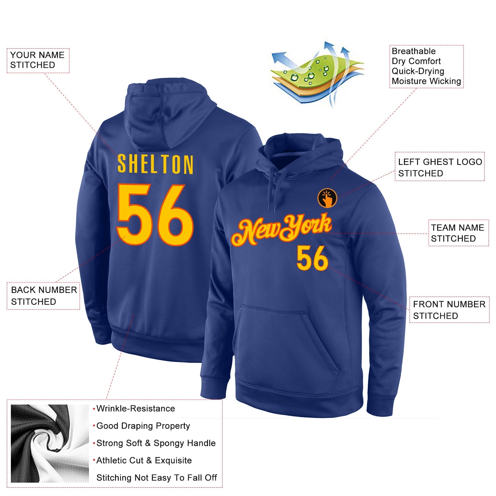 Custom Stitched Royal Gold-Orange Sports Pullover Sweatshirt Hoodie view 4
