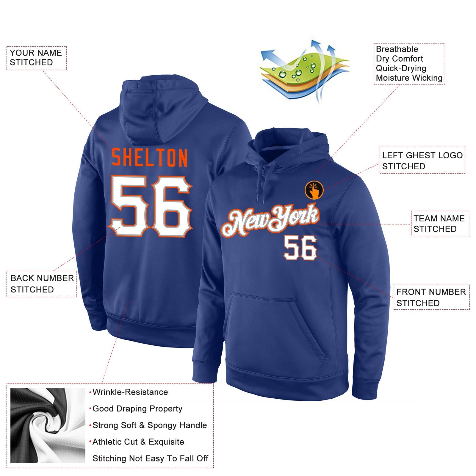 Custom Stitched Royal White-Orange Sports Pullover Sweatshirt Hoodie view 4