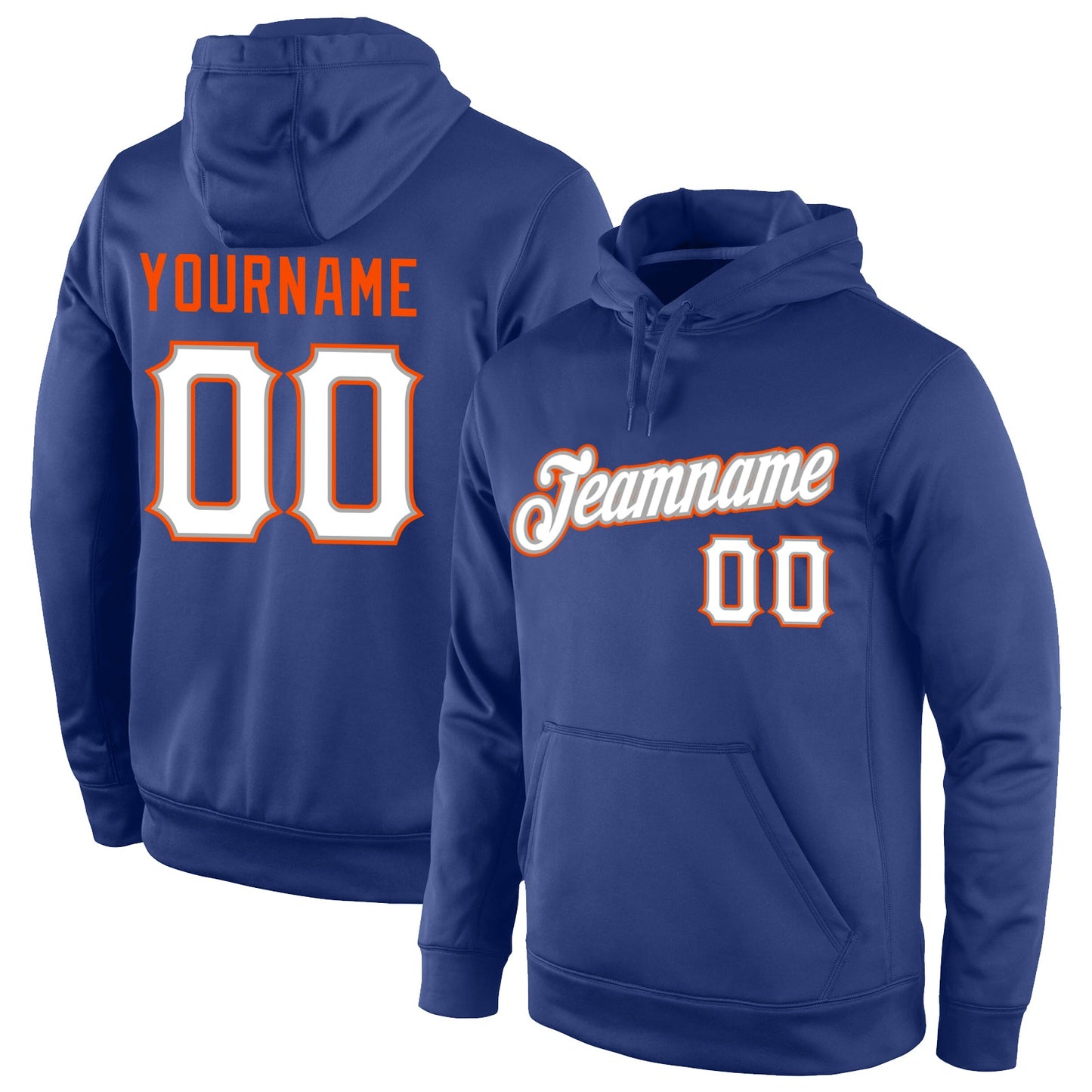 Custom Stitched Royal White-Orange Sports Pullover Sweatshirt Hoodie - Main View