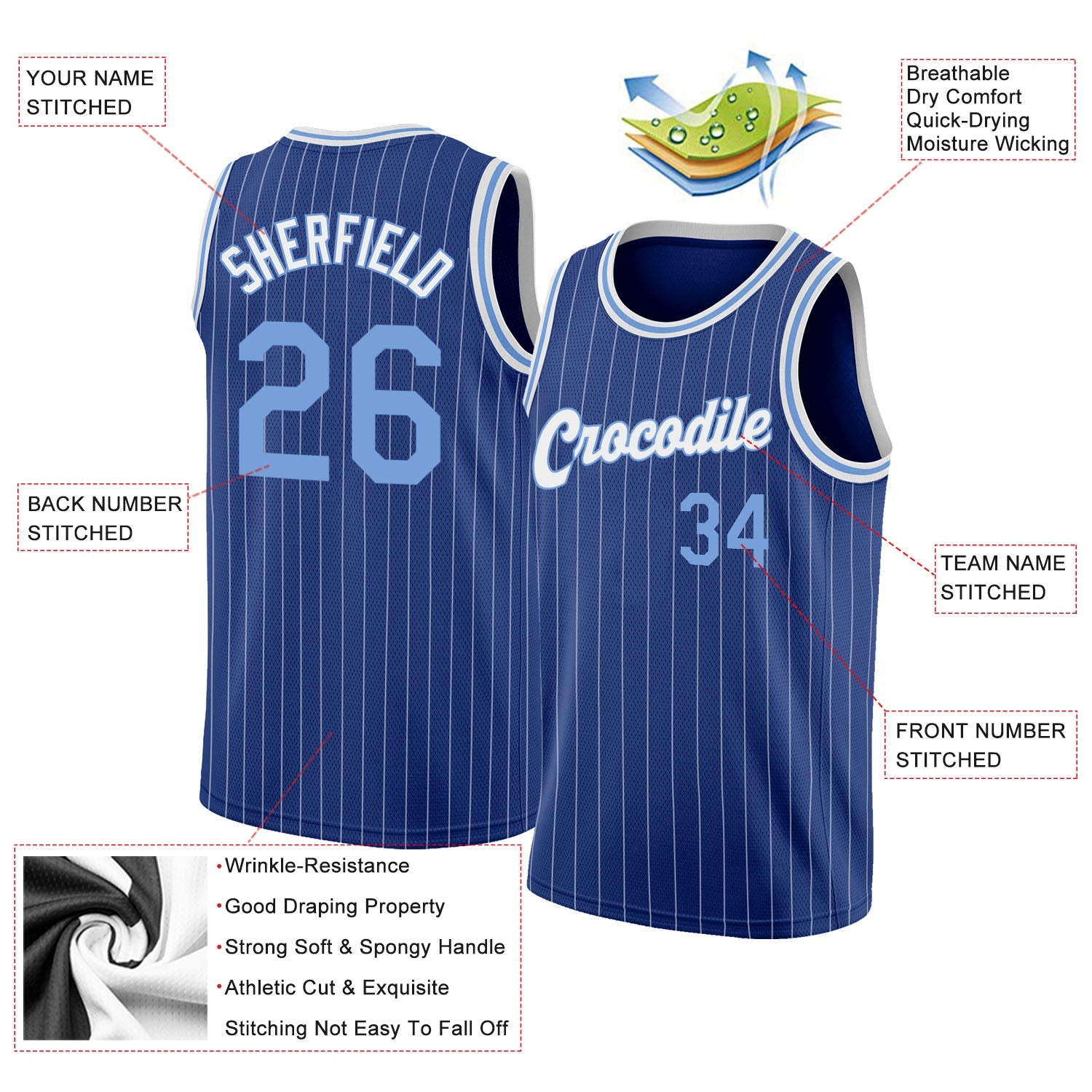 Custom Royal White Pinstripe Light Blue-White Authentic Basketball Jersey view 2