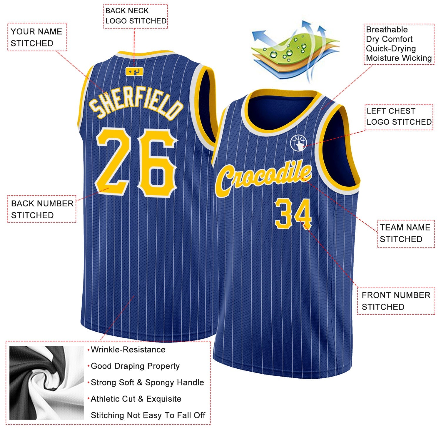 Custom Royal White Pinstripe Gold-White Authentic Basketball Jersey view 2