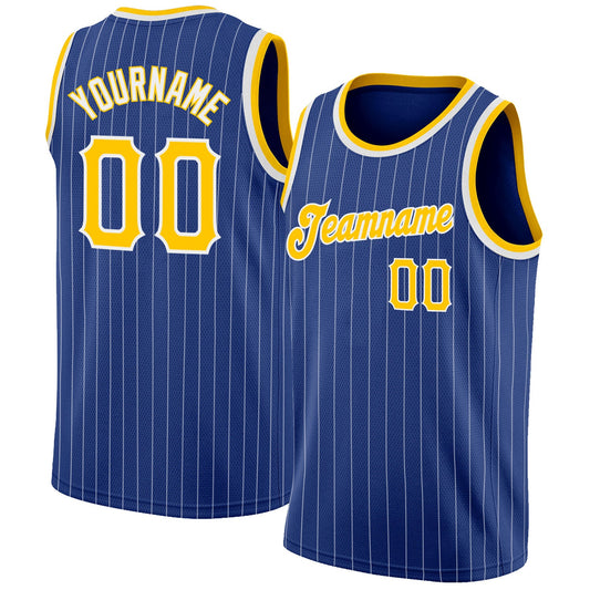 Custom Royal White Pinstripe Gold-White Authentic Basketball Jersey - Main View