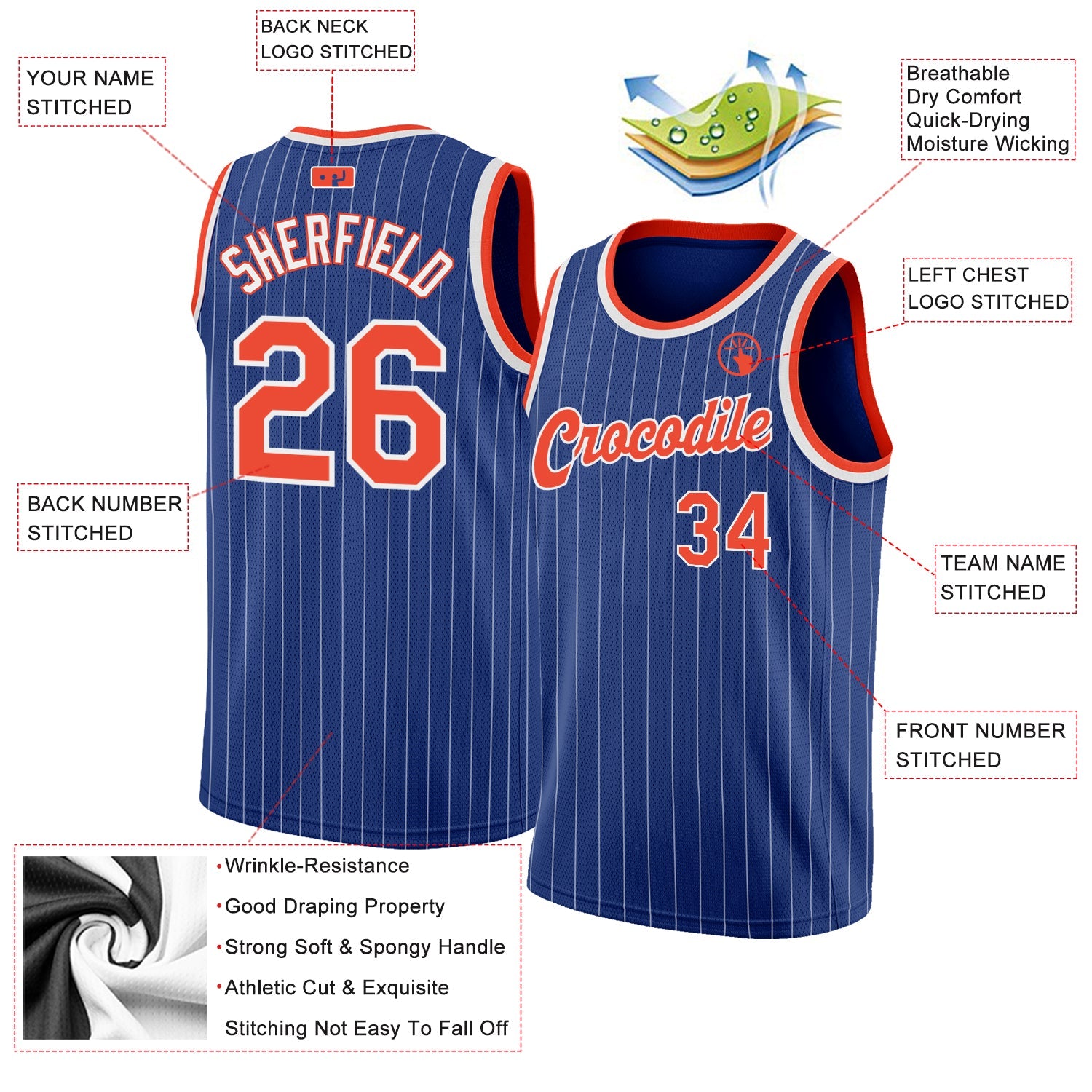 Custom Royal White Pinstripe Orange-White Authentic Basketball Jersey view 2