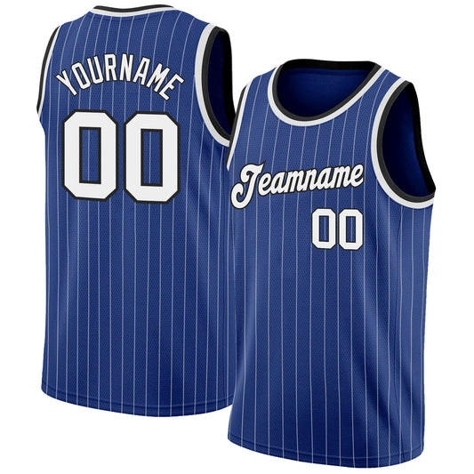 Custom Royal White Pinstripe White-Black Authentic Basketball Jersey - Main View