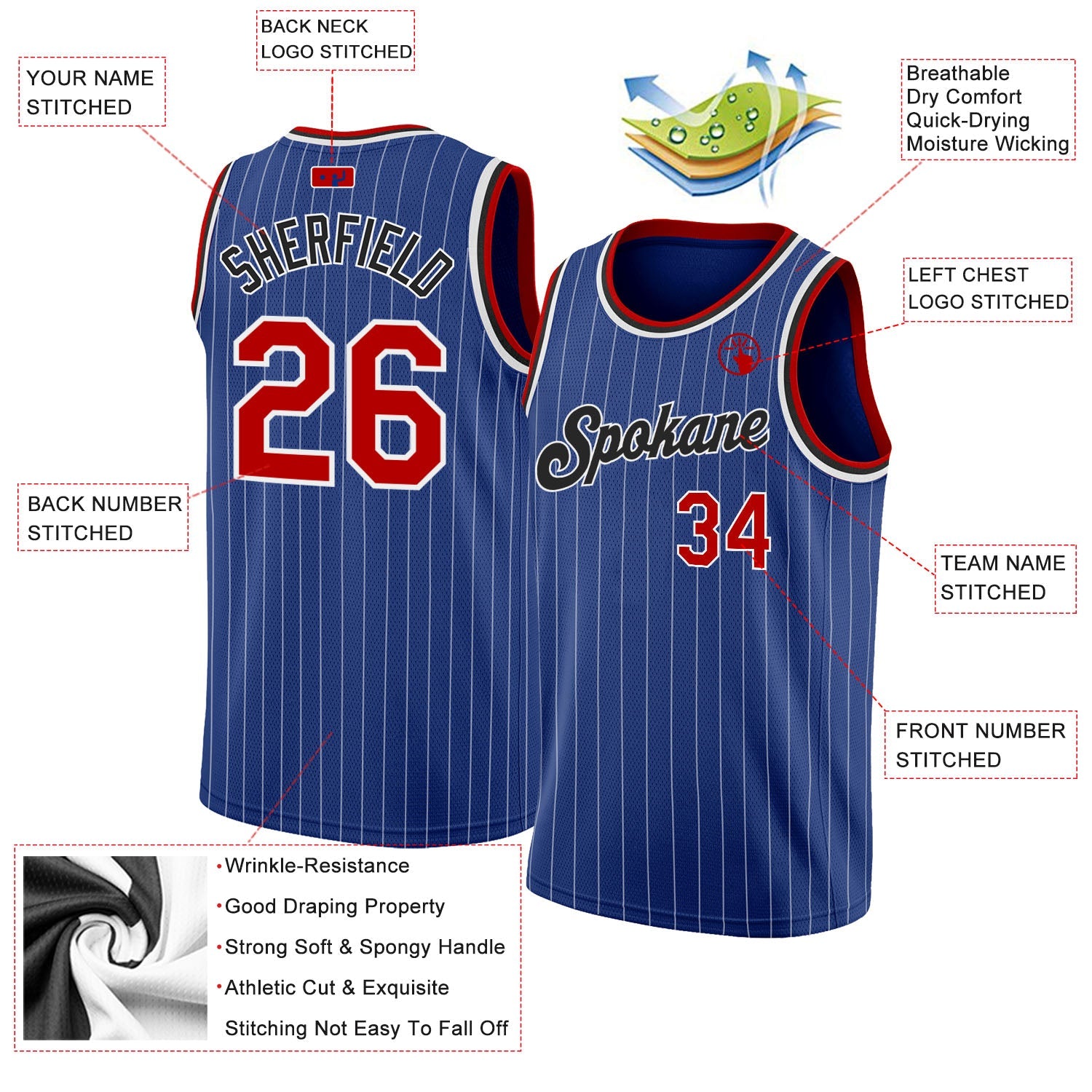 Custom Royal White Pinstripe Red-Black Authentic Basketball Jersey view 2
