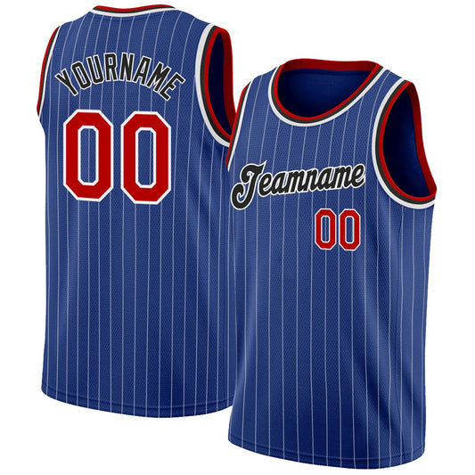 Custom Royal White Pinstripe Red-Black Authentic Basketball Jersey - Main View