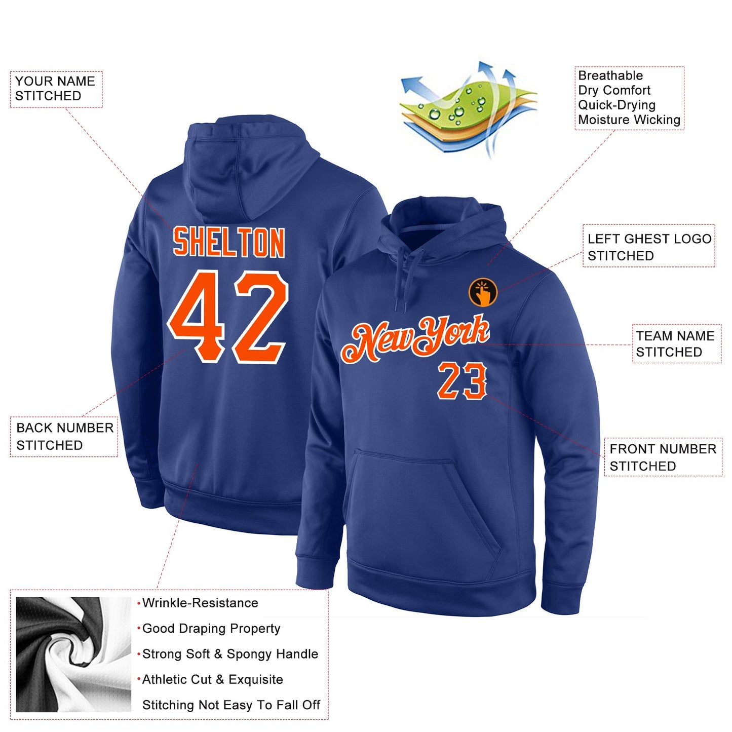 Custom Stitched Royal Orange-White Sports Pullover Sweatshirt Hoodie view 4