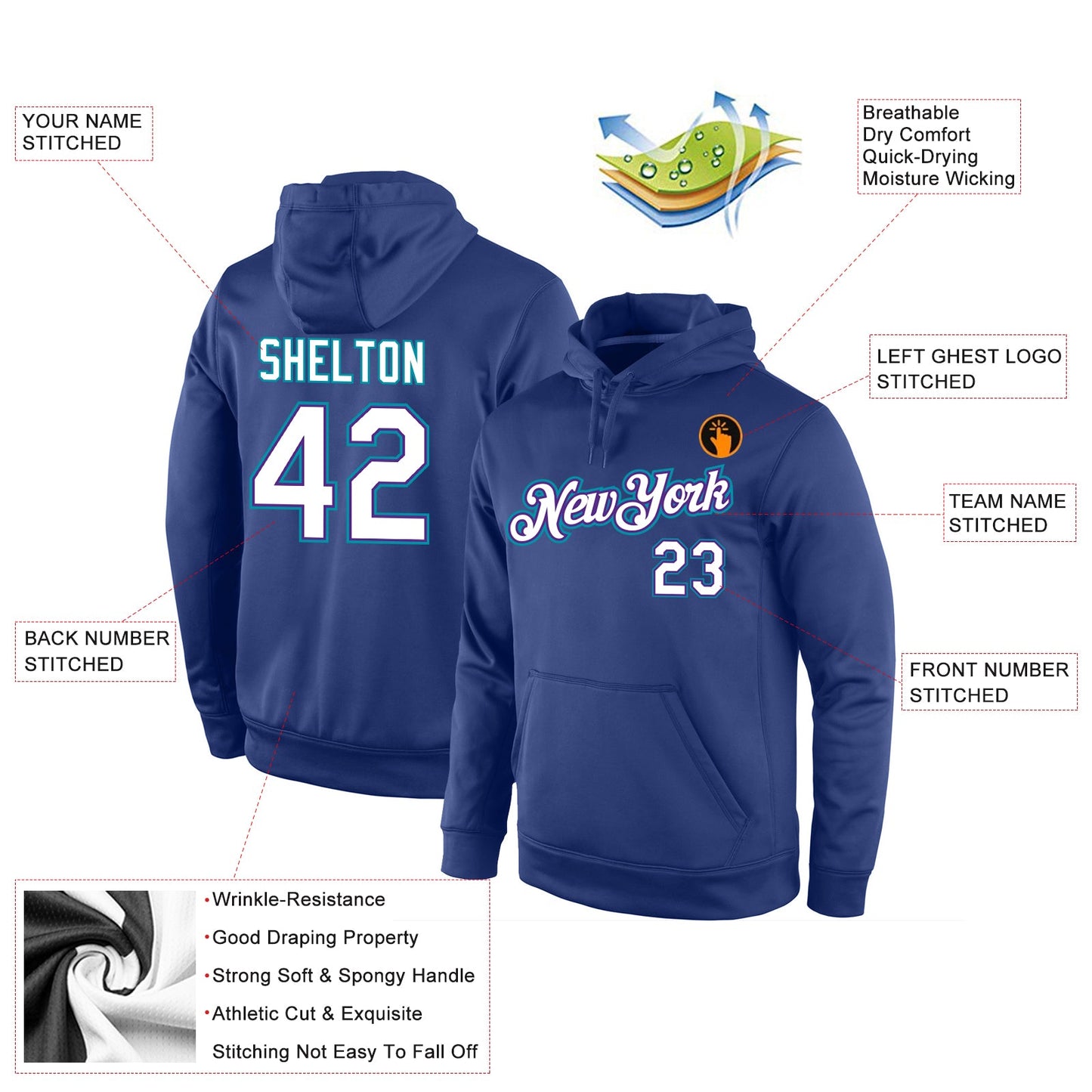 Custom Stitched Royal White-Teal Sports Pullover Sweatshirt Hoodie view 4