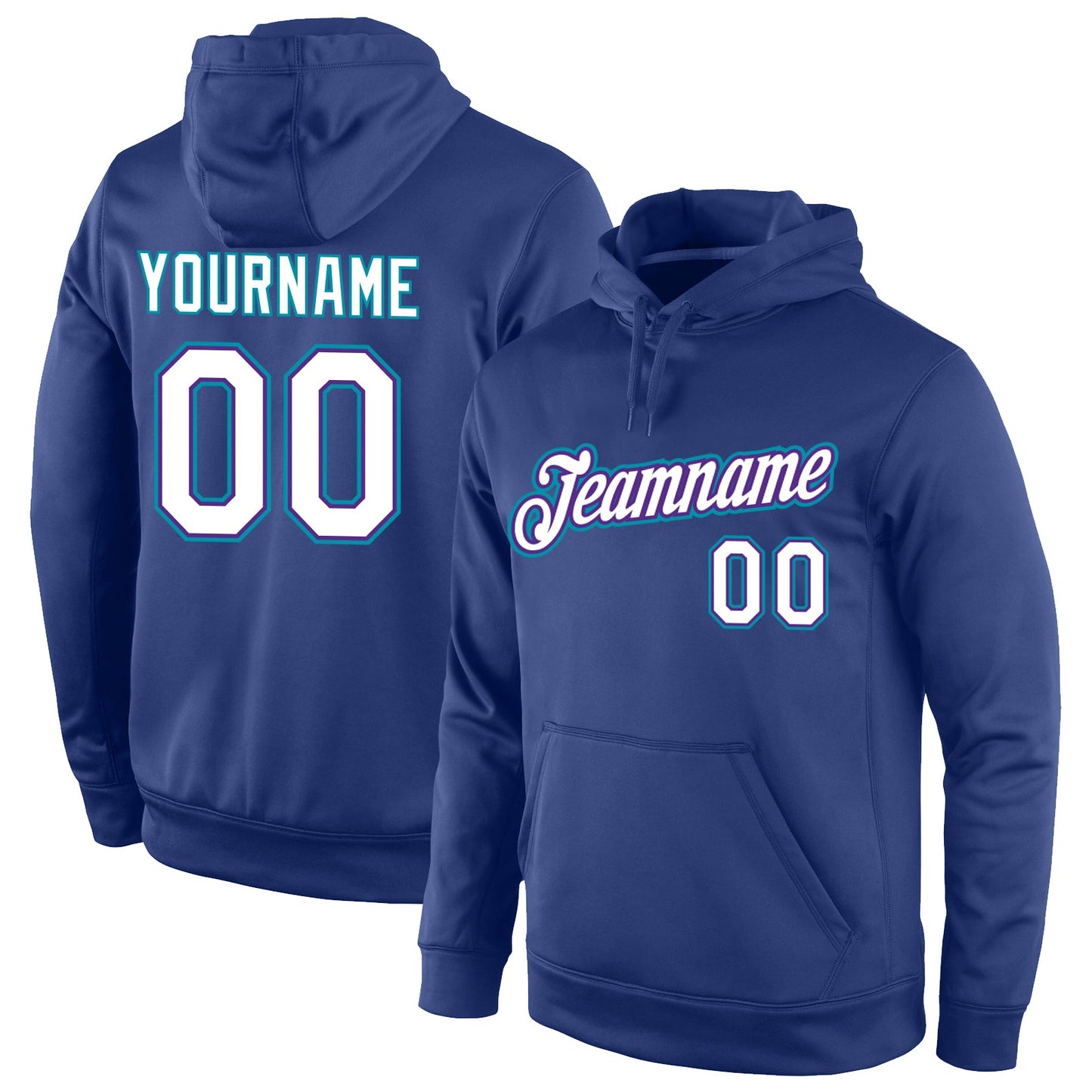 Custom Stitched Royal White-Teal Sports Pullover Sweatshirt Hoodie - Main View