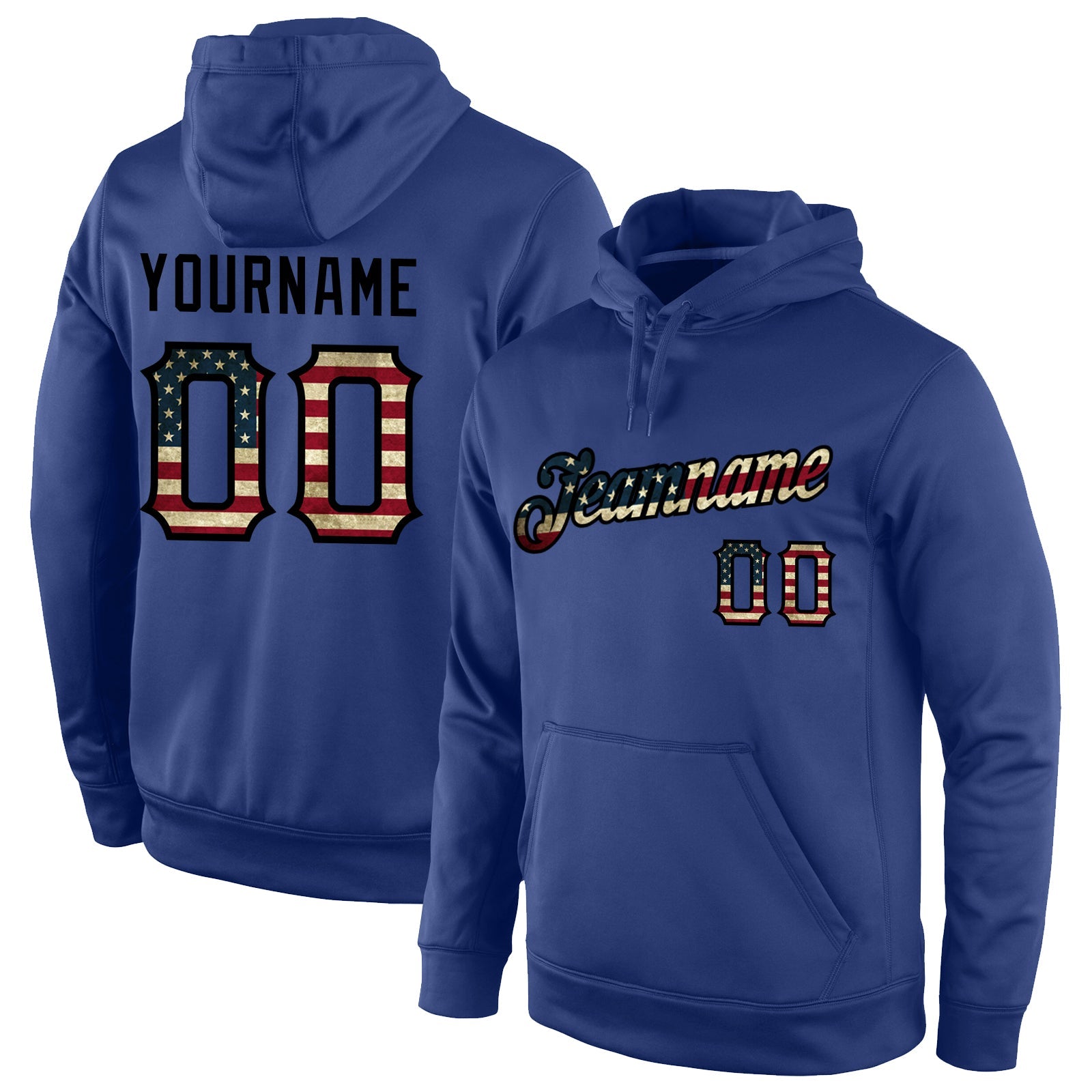 Custom Stitched Royal Vintage USA Flag-Black Sports Pullover Sweatshirt Hoodie - Main View