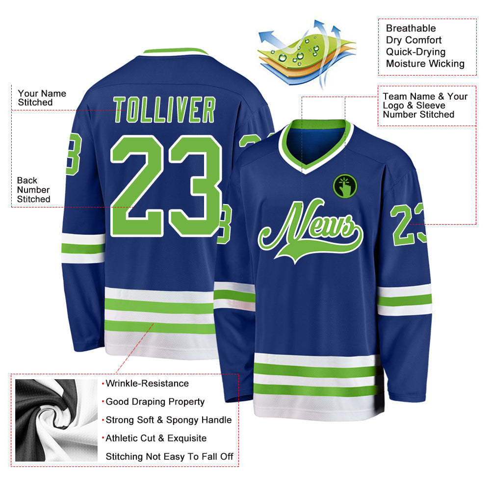 Custom Royal Neon Green-White Hockey Jersey view 2