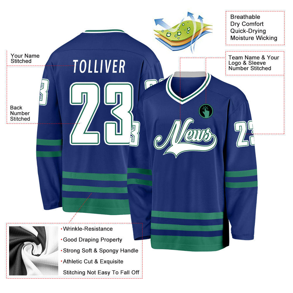 Custom Royal White-Kelly Green Hockey Jersey view 2