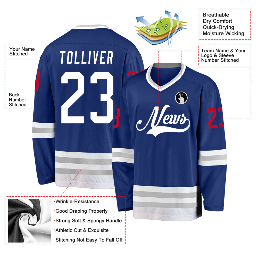 Custom Royal White-Gray Hockey Jersey view 2