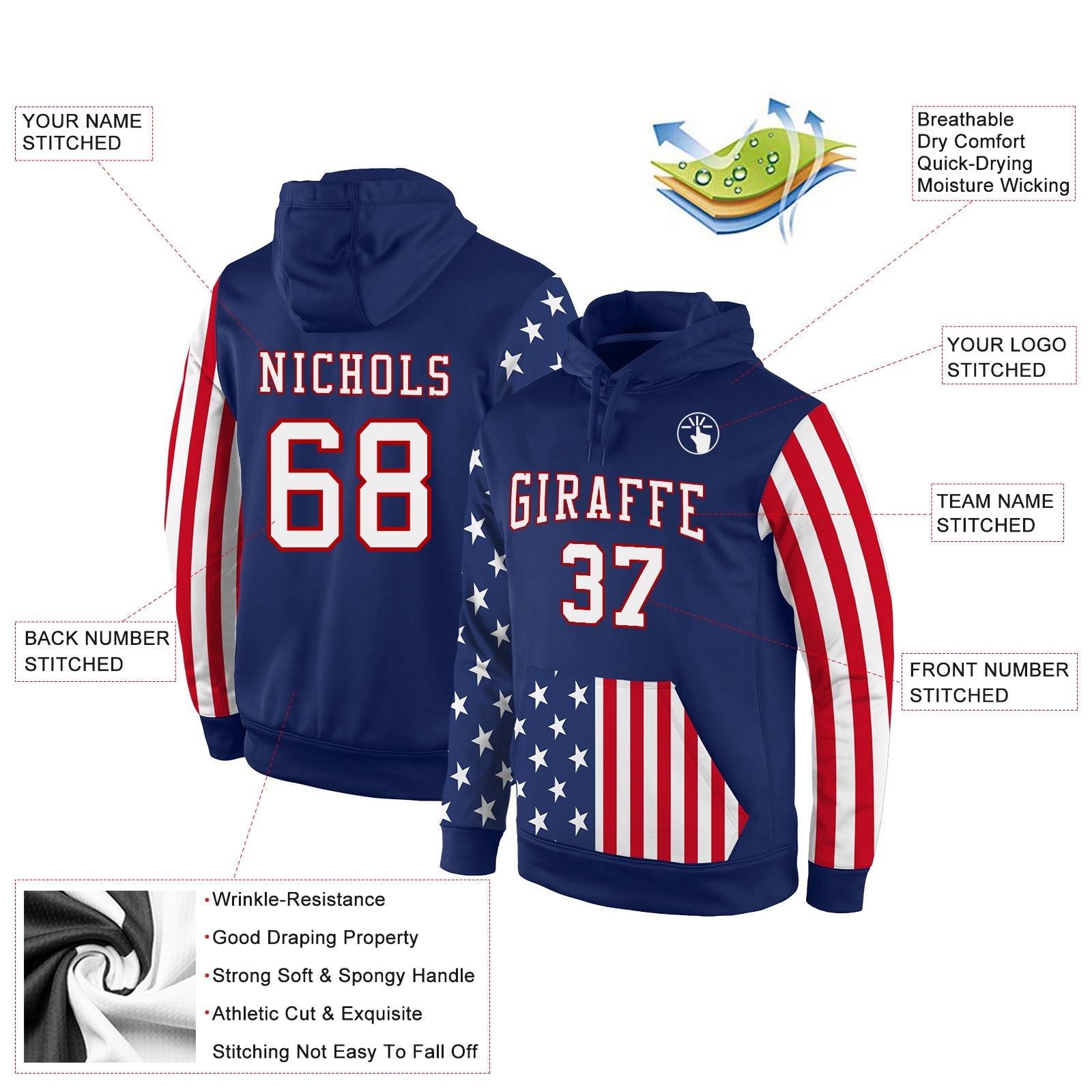 Custom Stitched Royal White-Red 3D American Flag Fashion Sports Pullover Sweatshirt Hoodie view 2