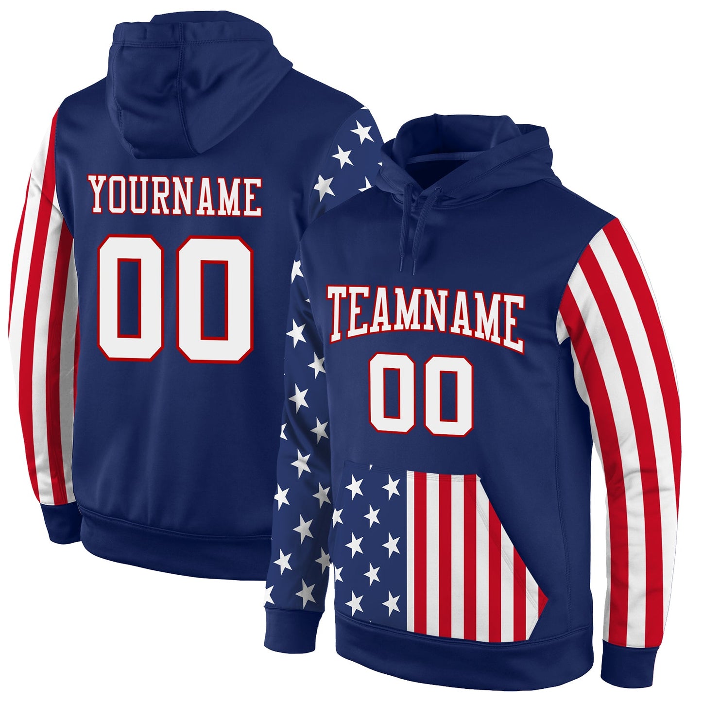 Custom Stitched Royal White-Red 3D American Flag Fashion Sports Pullover Sweatshirt Hoodie - Main View