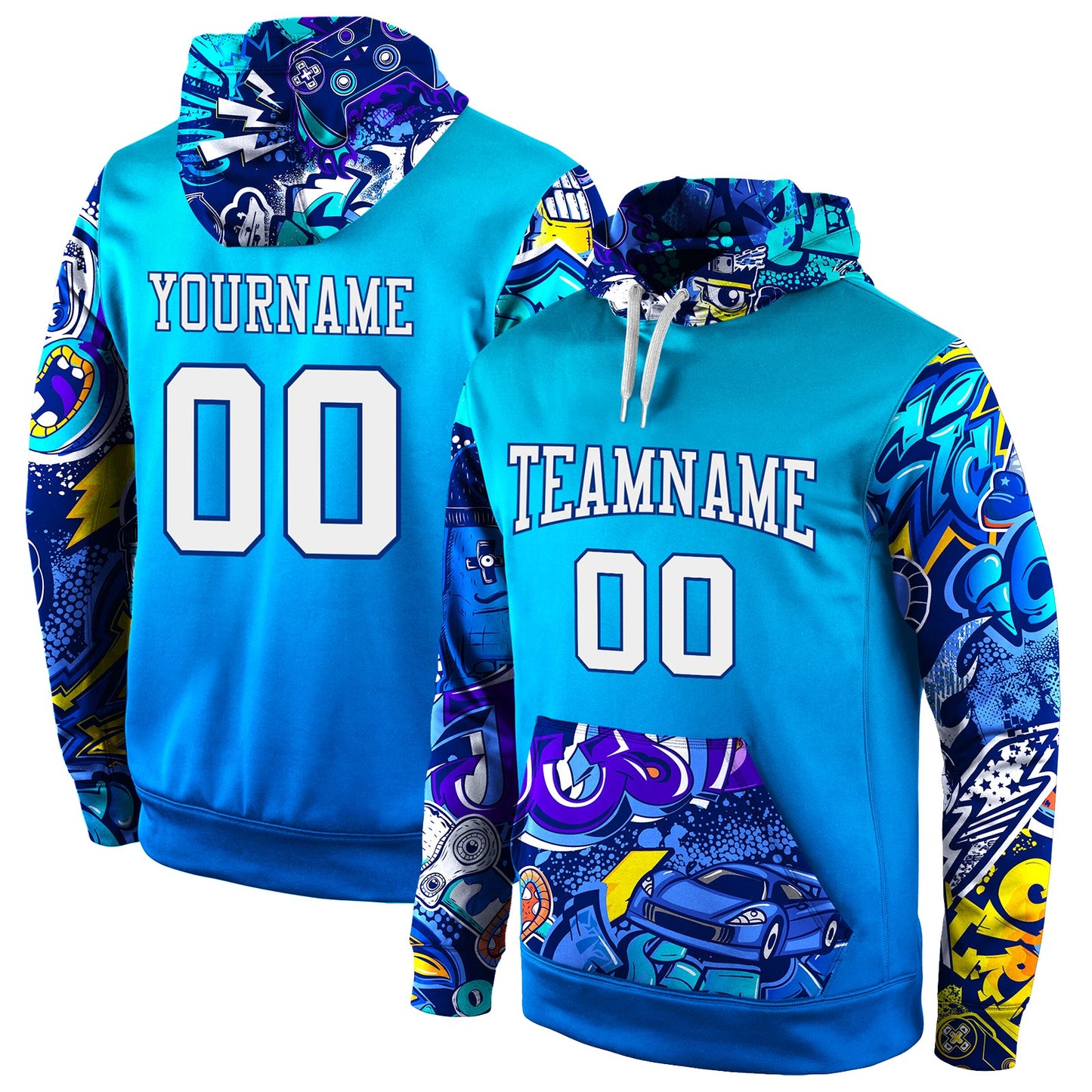 Custom Stitched Royal White-Royal 3D Pattern Design Sports Pullover Sweatshirt Hoodie - Main View