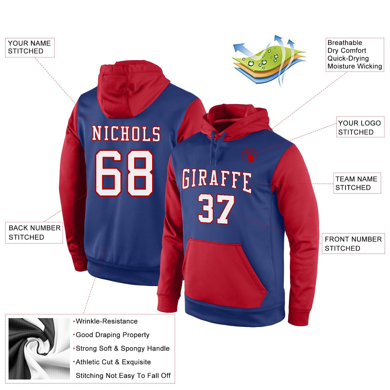 Custom Stitched Royal White-Red Sports Pullover Sweatshirt Hoodie view 3