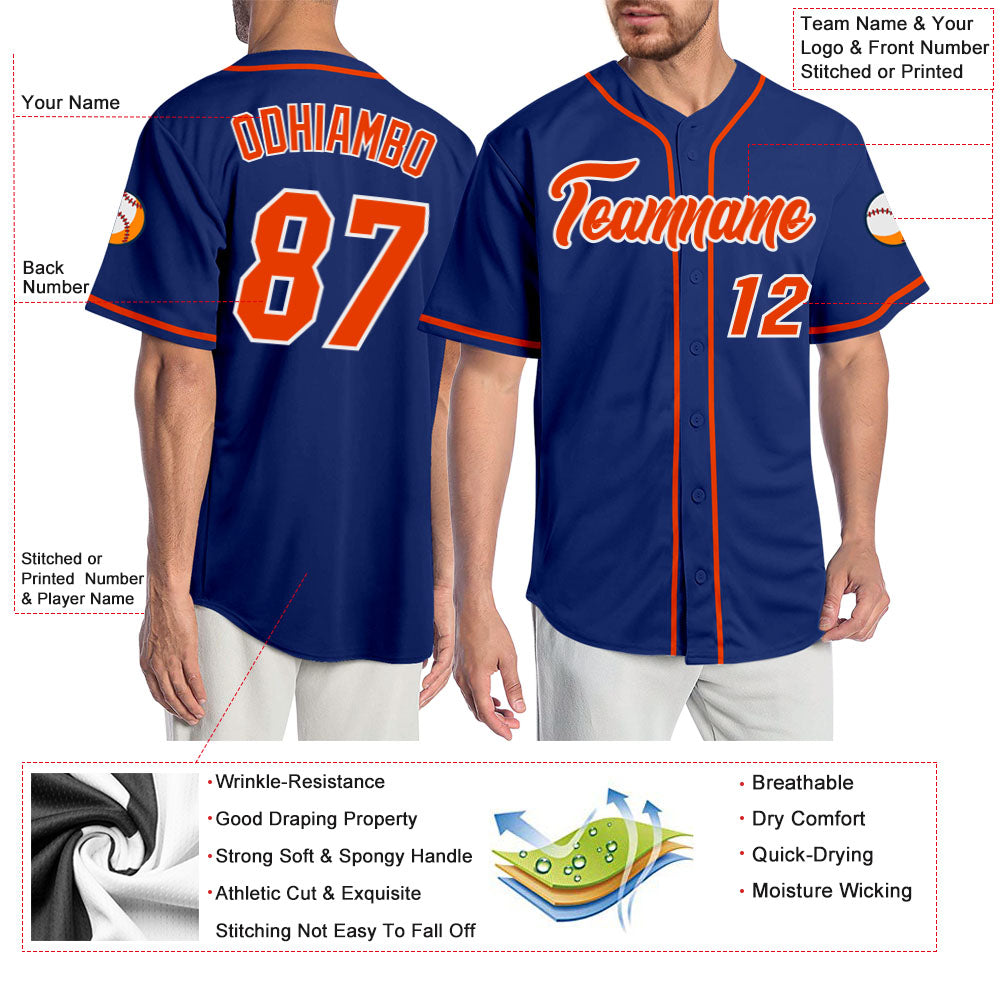 Custom Royal Orange-White Authentic Baseball Jersey view 3