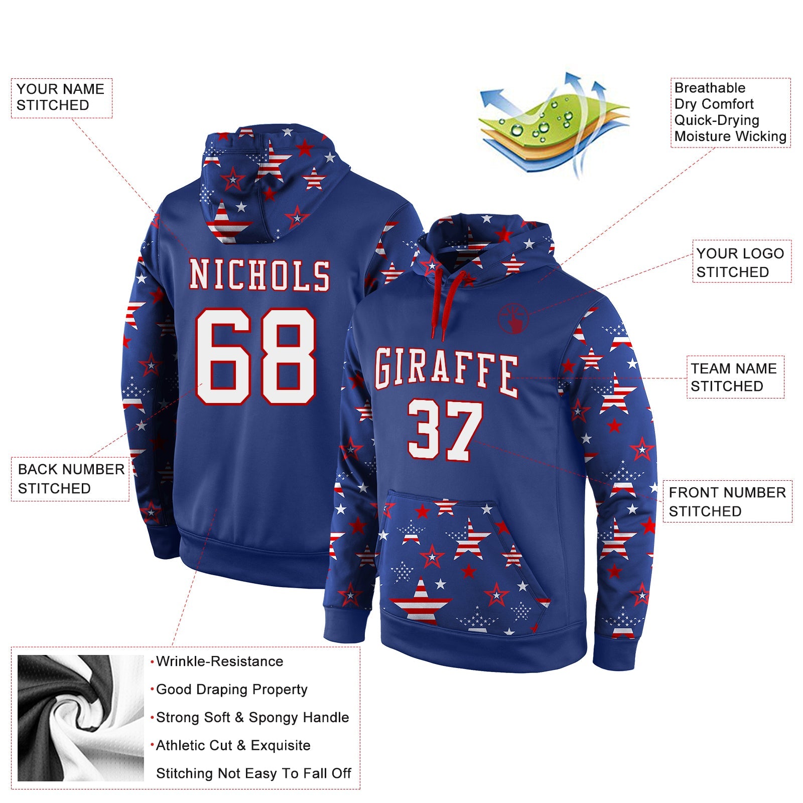 Custom Stitched Royal White-Red 3D American Flag Fashion Sports Pullover Sweatshirt Hoodie view 2