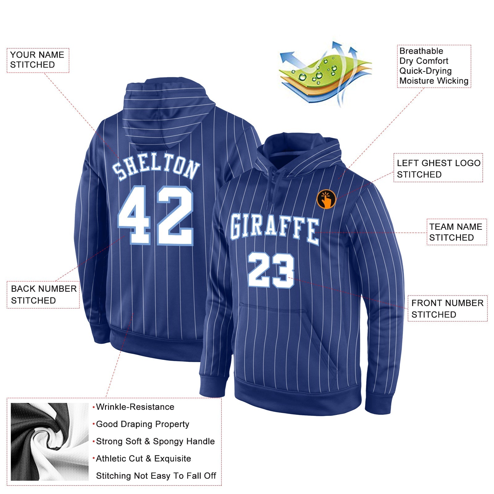 Custom Stitched Royal White Pinstripe White-Light Blue Sports Pullover Sweatshirt Hoodie view 2