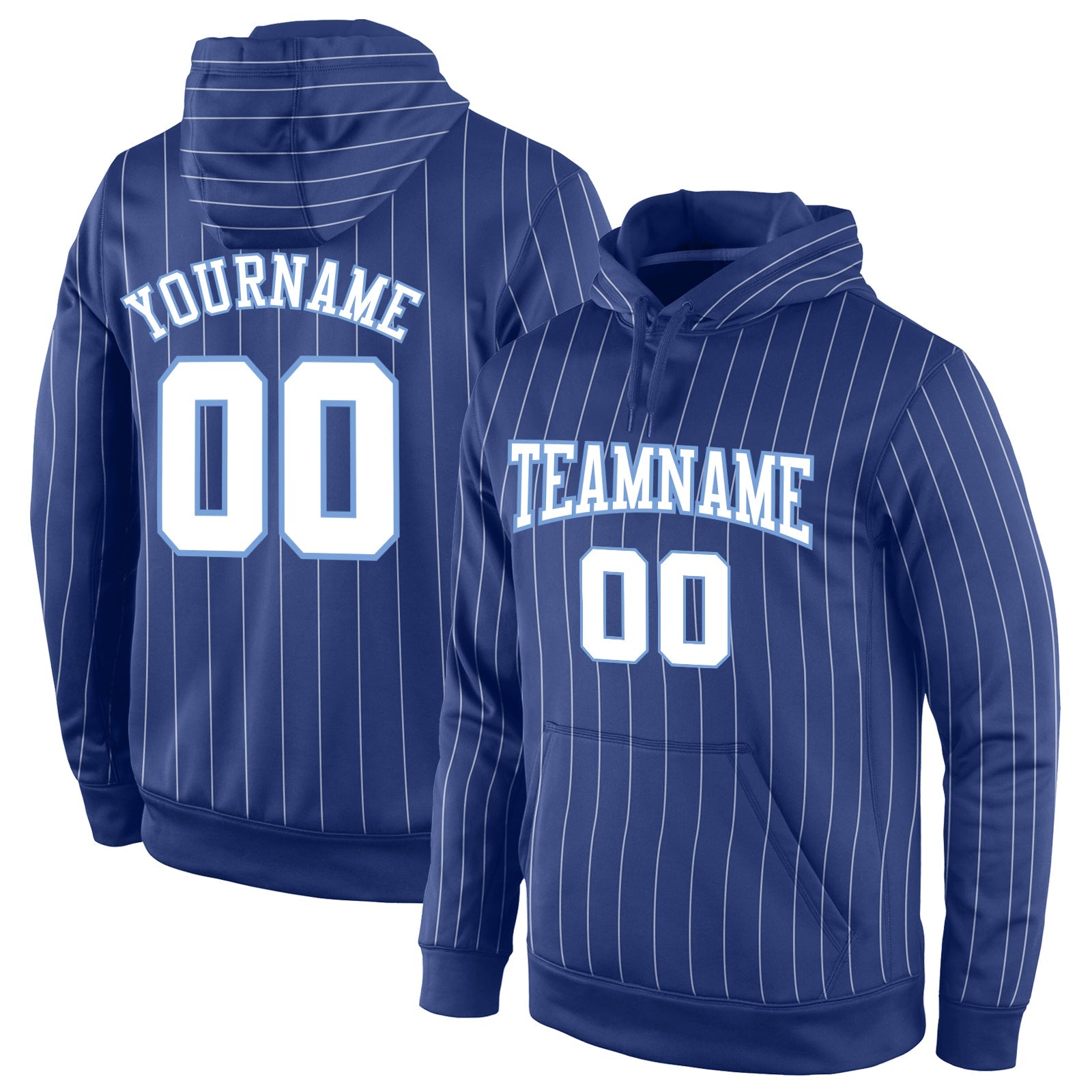 Custom Stitched Royal White Pinstripe White-Light Blue Sports Pullover Sweatshirt Hoodie - Main View