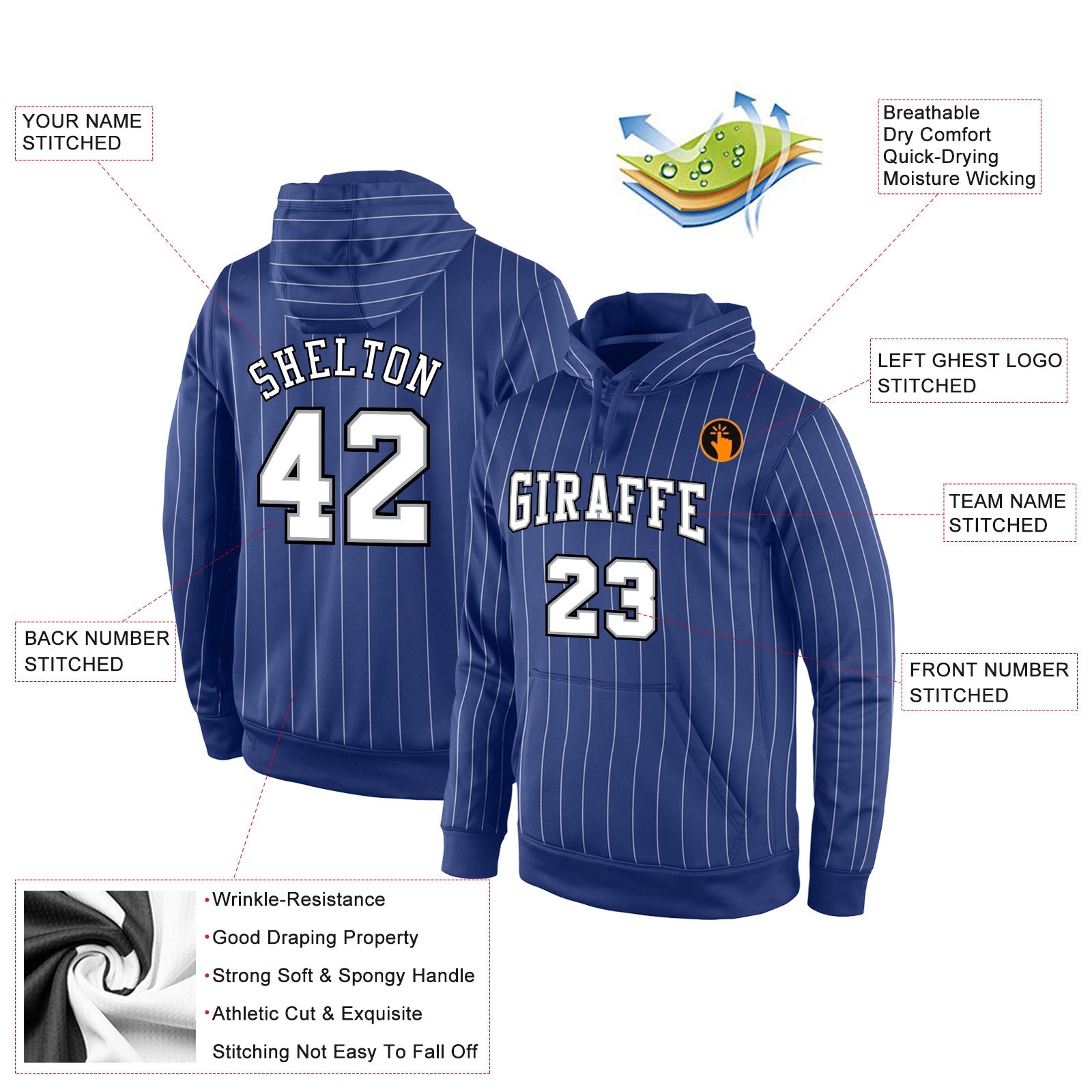 Custom Stitched Royal White Pinstripe White-Black Sports Pullover Sweatshirt Hoodie view 2