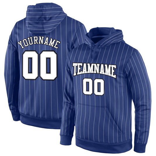 Custom Stitched Royal White Pinstripe White-Black Sports Pullover Sweatshirt Hoodie - Main View