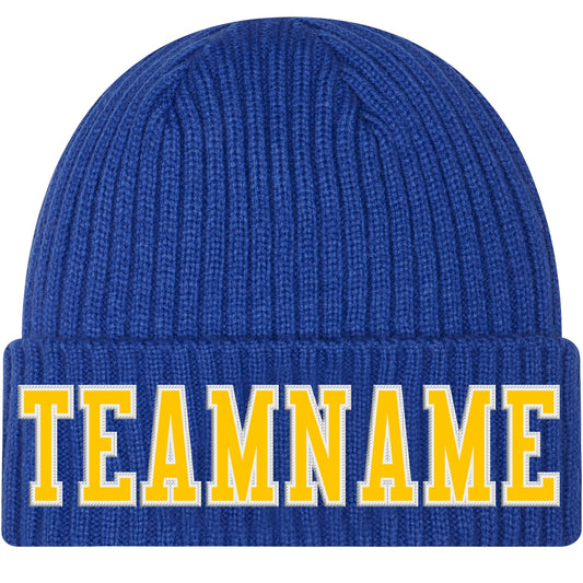 Custom Royal Gold-White Stitched Cuffed Knit Hat - Main View