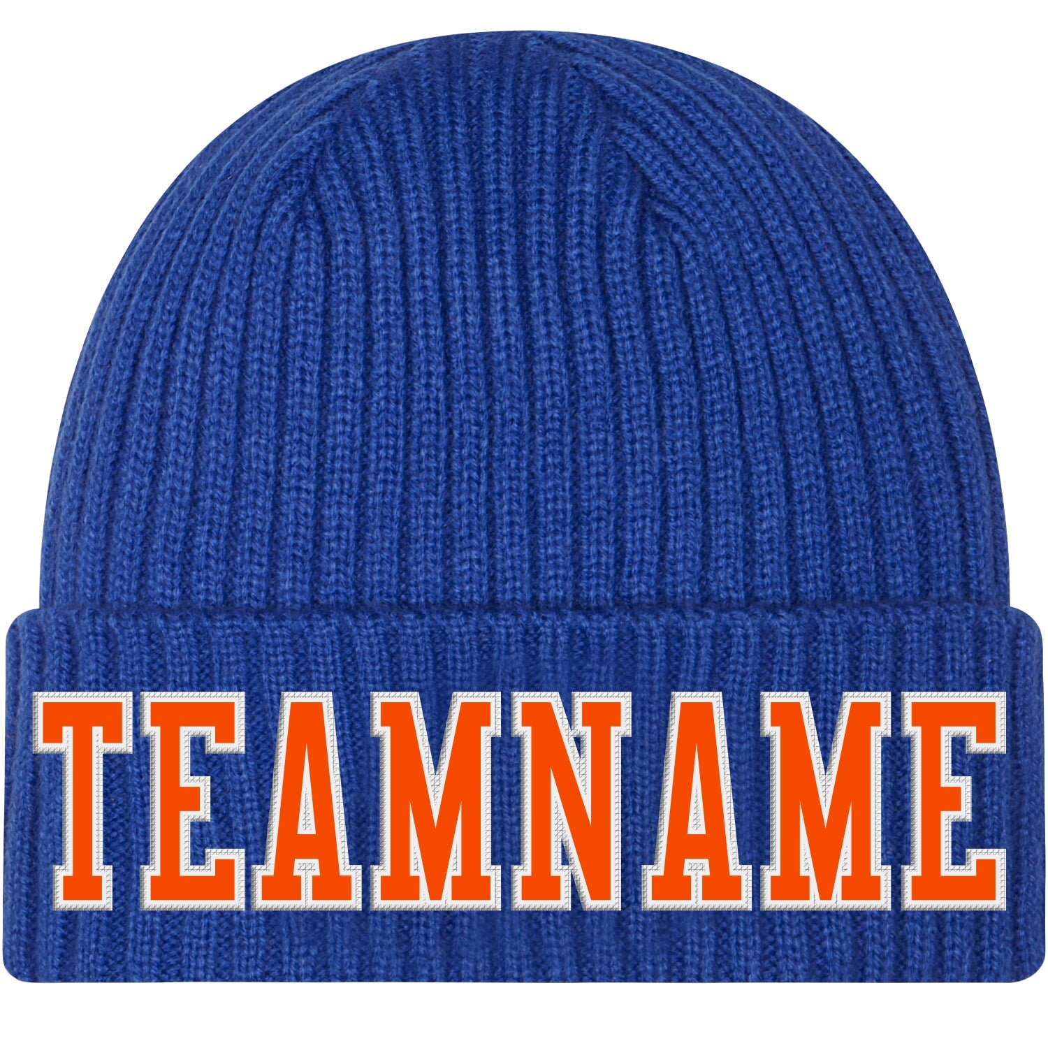 Custom Royal Orange-White Stitched Cuffed Knit Hat - Main View