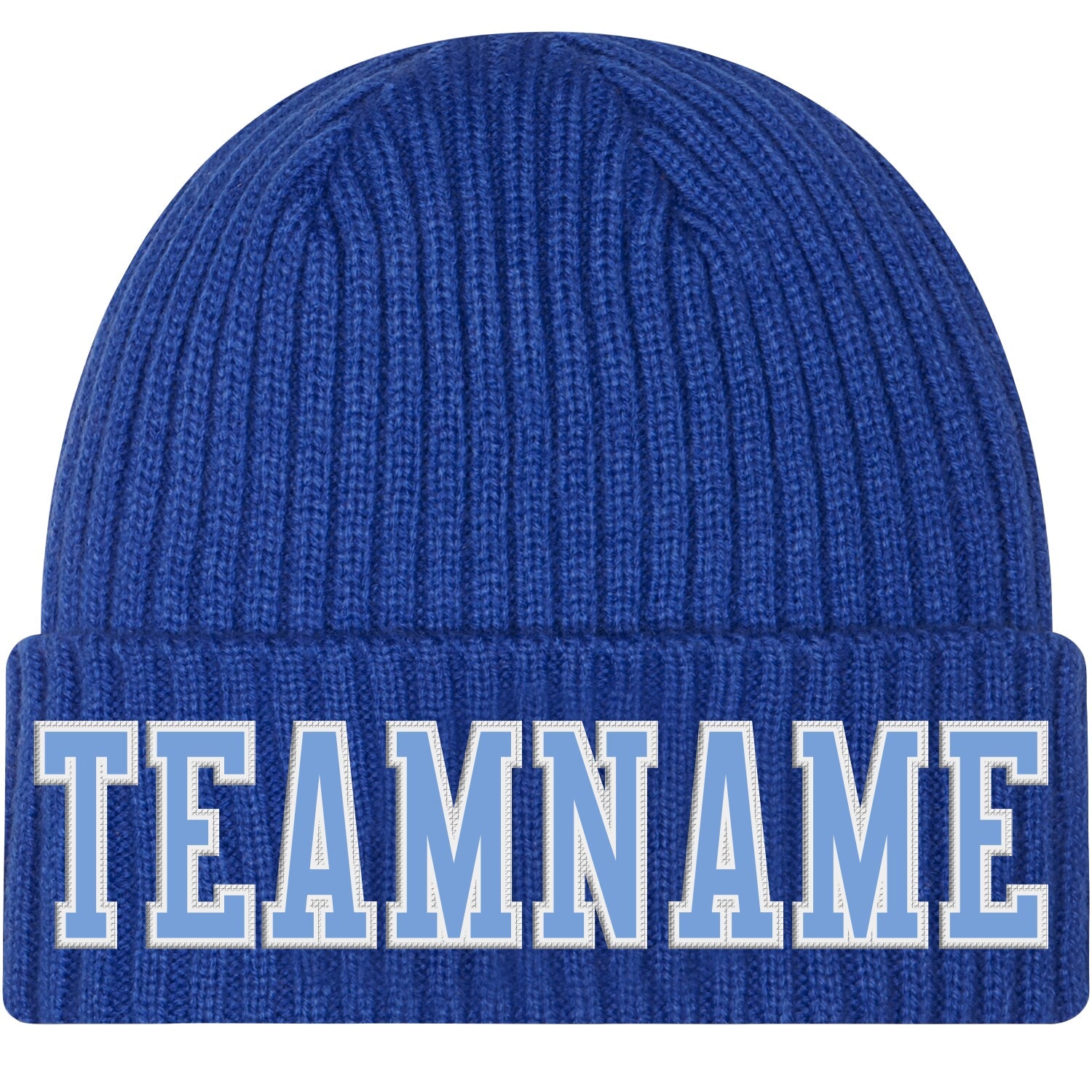 Custom Royal Light Blue-White Stitched Cuffed Knit Hat - Main View