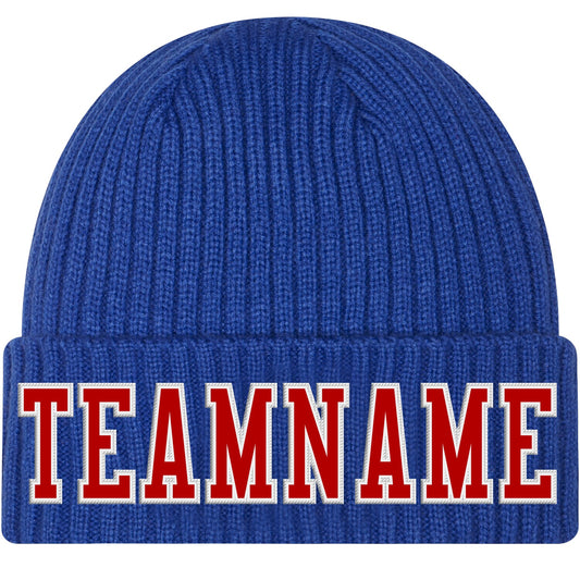 Custom Royal Red-White Stitched Cuffed Knit Hat - Main View