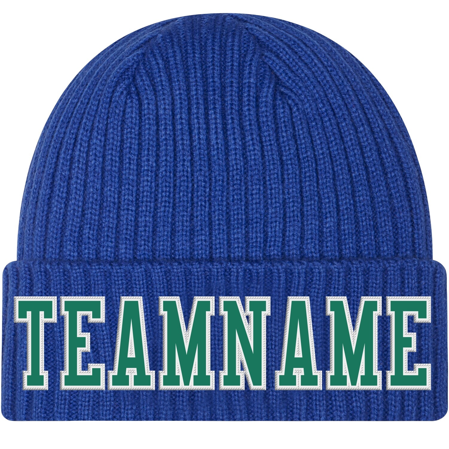Custom Royal Kelly Green-White Stitched Cuffed Knit Hat - Main View