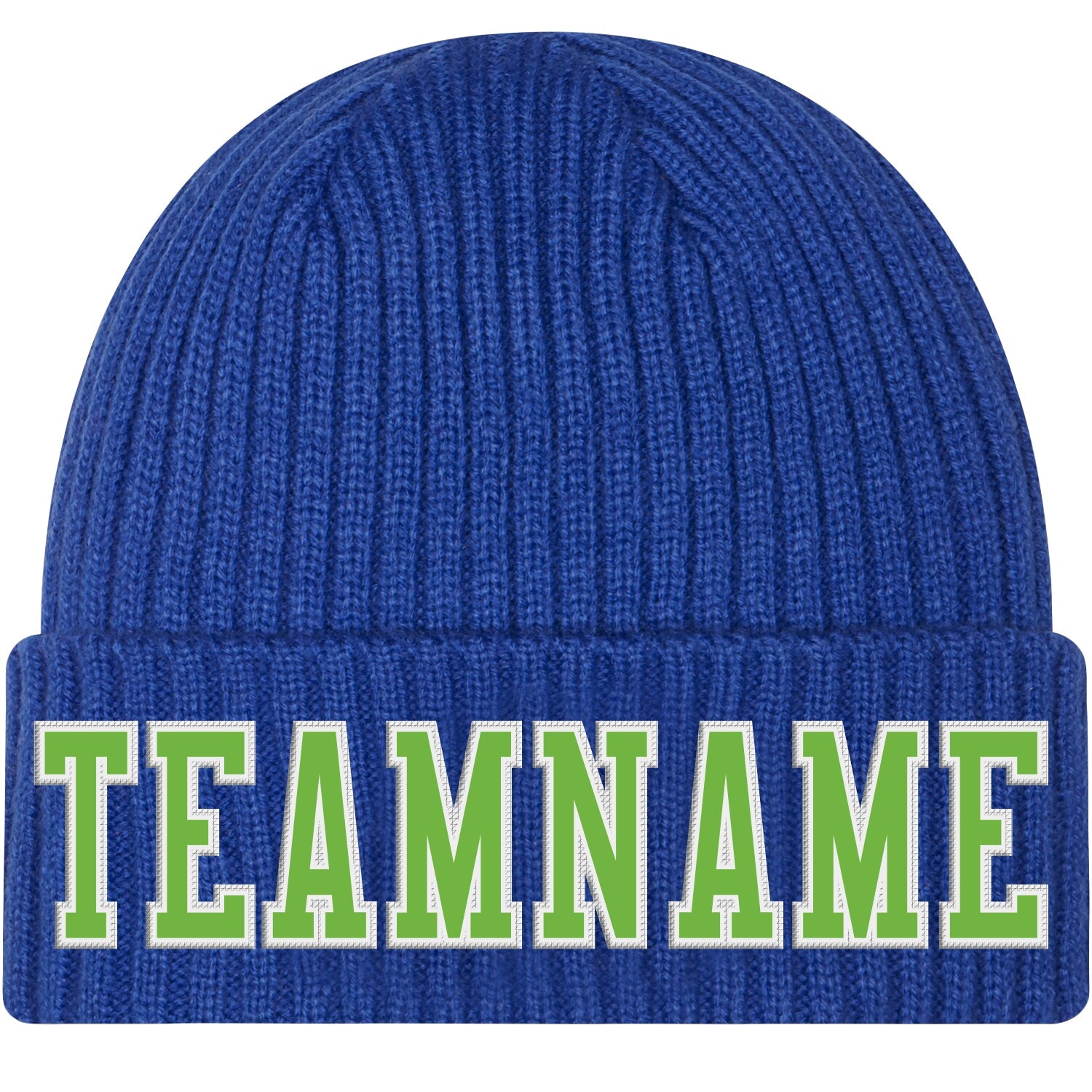 Custom Royal Neon Green-White Stitched Cuffed Knit Hat - Main View
