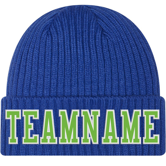 Custom Royal Neon Green-White Stitched Cuffed Knit Hat - Main View