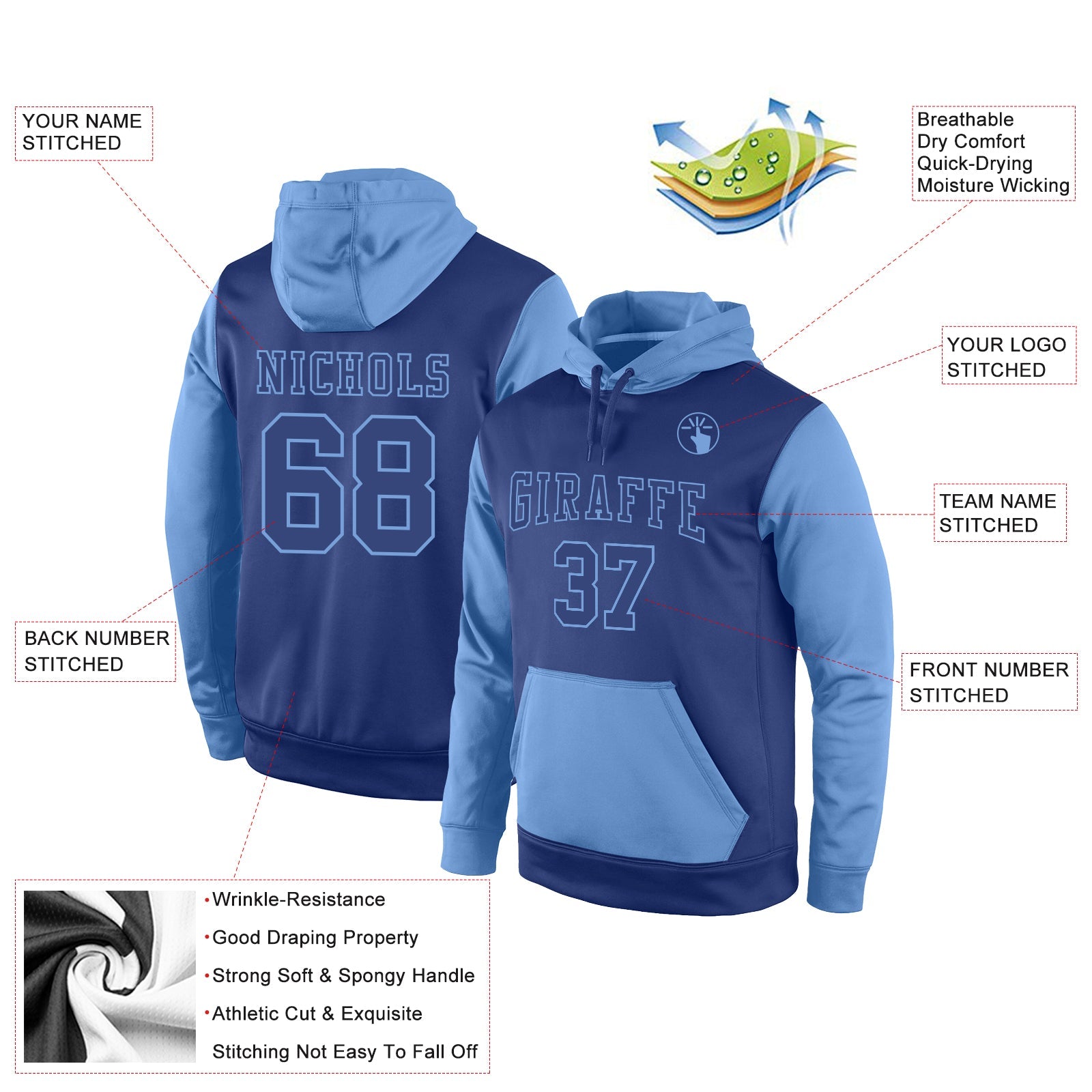 Custom Stitched Royal Royal-Light Blue Sports Pullover Sweatshirt Hoodie view 2