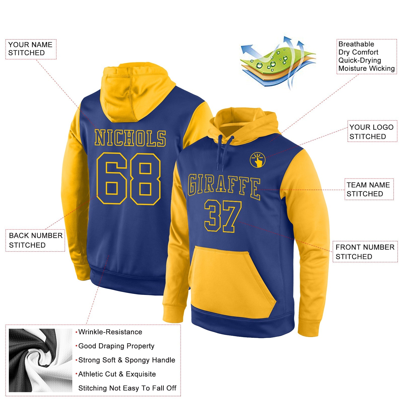 Custom Stitched Royal Royal-Gold Sports Pullover Sweatshirt Hoodie view 2