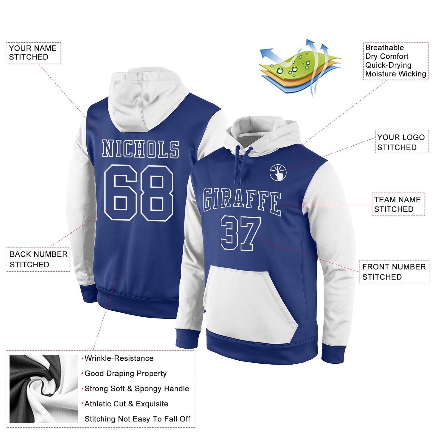 Custom Stitched Royal Royal-White Sports Pullover Sweatshirt Hoodie view 2